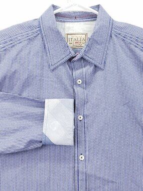 Vintage Italia c. 1958 Shirt Mens XL Blue White Striped Flip Cuffs Button-Up